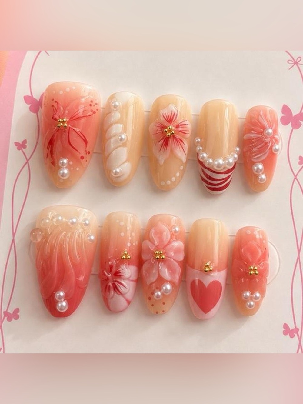 Pink Floral Pearl Press-On Nails – Size M